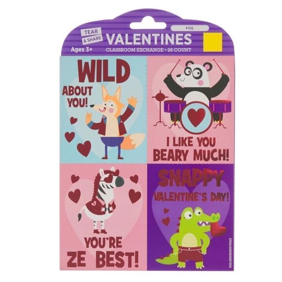 Kids Valentines Cards School Tear & Share Classroom Exchange 28 Count Animals - Picture 2 of 2
